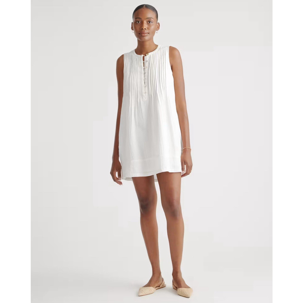 Quince Sleeveless Pleated Mini Dress in White